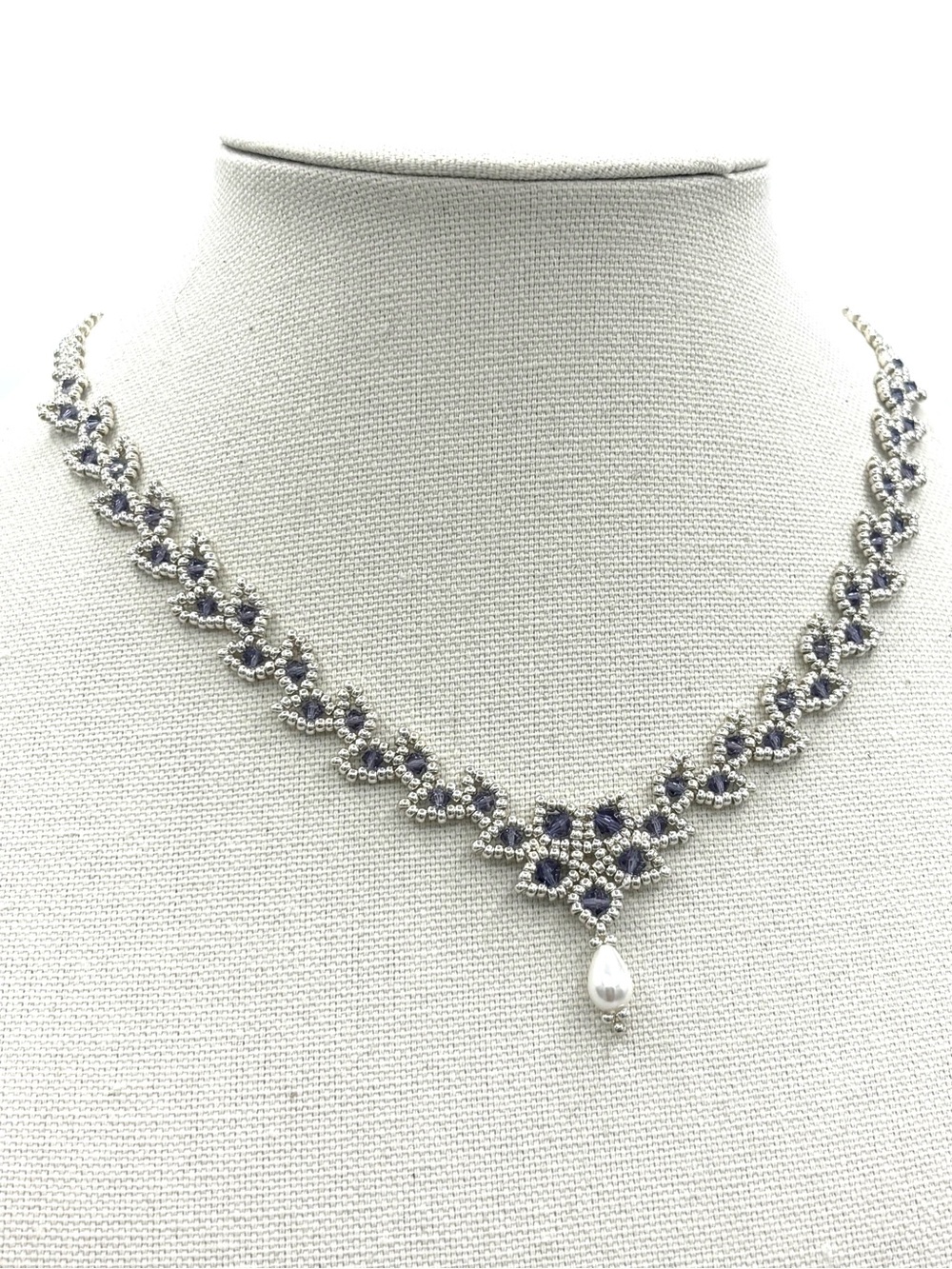 Hand Crafted Silver Pearl Drop Necklace Purple Crystal Leaves